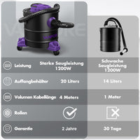 1 x RAW Customer Returns VANPORE ash vacuum cleaner, chimney vacuum cleaner, dry vacuum cleaner 1200W suction power, blowing function, 20L collection container, metal suction hose, suction pipe, dual filter system, ash vacuum cleaner - RRP €90.74