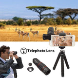 1 x RAW Customer Returns 15 in 1 camera lens kit 18x telephoto lens, wide angle lens, macro lens, fisheye lens, kaleidoscope lens, CPL flow star, tripod, remote shutter release for most smartphones - RRP €33.99