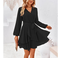 1 x RAW Customer Returns TcIFE Women s Short Dress Long Sleeve Casual V-Neck Tunic Dresses Solid Color Ruffle Mini Dress Swing Skater High Waist Wrap Dress Chiffon, Black, S - RRP €49.99