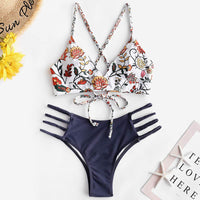 3 x RAW Customer Returns ZAFUL Women s Two Piece Bikini Set with Braided Strap Adjustable Bra Push-Up Back, Triangle Solid Color Swim Trunks with Floral Pattern Blue-2, L  - RRP €90.72