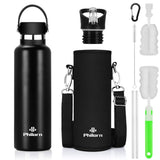 1 x RAW Customer Returns Philorn Drinking Bottles 1000ML Thermos Bottles Stainless Steel Thermos Flask Insulated Stainless Steel Water Bottles Keep Hot for 12 Hours with 2 Caps 1 Shoulder Bag Glossy Black  - RRP €22.99