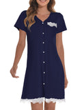 1 x RAW Customer Returns heekpek nightdress women short sleeve nightwear cotton V-neck comfortable button placket sleepshirt women with lace hem pregnancy sleepshirt loungewear, navy blue, XL - RRP €27.6