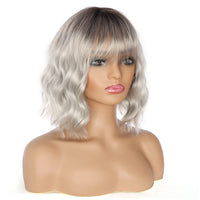 1 x RAW Customer Returns PORSMEER Wig Gray Short Bob Wig with Bangs Natural Ombre Silver Wig Synthetic Hair Colorful Daily Party Halloween Cosplay Wavy Curly Wigs for Women - RRP €21.62