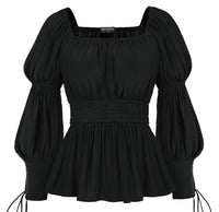 1 x RAW Customer Returns Women s Medieval Tunic Lantern Sleeve Smocked with Lacing Renaissance Shirt Black XL - RRP €39.24