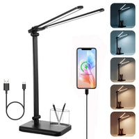 2 x RAW Customer Returns rigors 45cm double head desk lamp LED, 5 colors and 10 brightness levels, table lamp dimmable with base pen holder, USB charging port, 45 min timer and memory function, office lamp for work - RRP €55.06