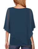 1 x RAW Customer Returns Vafoly Elegant Women s Short Sleeve Tunic Blouses Business Casual Women s Top Flowing Double Layer Tunic Chiffon Summer Fashion 2022 Flattering Work Poncho Tunic Blue L - RRP €32.99