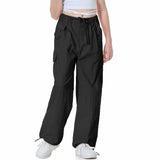 1 x RAW Customer Returns Rolanko Girls Baggy Paratrooper Pants, Vintage Y2K Joggers with Adjustable Elastic Waist for Kids, Black, Size 160 - RRP €33.99