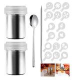 1 x RAW Customer Returns Cocoa shaker 304 stainless steel powdered sugar shaker 2 pieces flour shaker with lid powder shaker chocolate shaker with 16 pieces coffee cappuccino stencils, coffee art pull pin, stainless steel mixing spoon - RRP €11.59