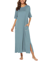 1 x RAW Customer Returns BESDEL Women s Nightdress Long Sleeve Nightgown, Casual Cotton Nightwear Henley Sleep Dress Full Length Gray Blue XXL - RRP €29.99