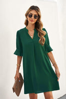 1 x RAW Customer Returns ANFTFH Casual Dresses for Women Ladies Ruffle Sleeve Split V-Neck Straight Fit Plain Slim Dress Dark Green XL - RRP €20.27