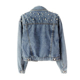 1 x RAW Customer Returns Avondii Women s Denim Jacket with Pearls Short Blue Denim Jacket Tops 2XL, Blue  - RRP €40.33