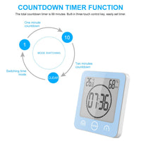 1 x RAW Customer Returns ALLOMN Bathroom Clock, LCD Digital Shower Alarm Clock Waterproof Touch Control Temperature Humidity, Countdown Timer, 3 Mounting Methods, Battery Power Blue  - RRP €22.13