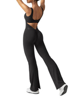 1 x RAW Customer Returns ZAAYO Women Flared Jumpsuit Tight Scrunch Butt Overalls Long Sleeveless Sports Backless Jumpsuit Yoga Bodycon One Piece Full Body Suit Stretch Elegant Jumpsuits Black Medium - RRP €40.33