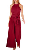 2 x Brand New Toplop Jumpsuit Women Elegant Sleeveless Trouser Suit Summer Round Neck Pleated Jumpsuit Halterneck Overall with Belt and Wide Trouser Leg Wine Red X-Large - RRP €78.62