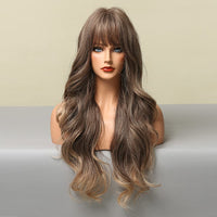 1 x Brand New Ombre Brown Long Wavy Synthetic Wig with Bangs for Women Natural Looking Heat Resistant Hair for Daily Party Wear 61CM - RRP €23.59