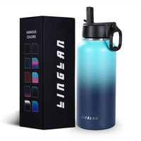 1 x RAW Customer Returns LINGLAN Stainless steel drinking bottle, thermos bottles with straw lid 950 ml drinking bottles keep cold for 24 hours and hot for 12 hours blue black  - RRP €29.99