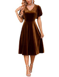 1 x Brand New Women s Velvet Dress with V-Neck Cocktail Party Wedding Guest Dress Sexy Christmas Dress A-Line Swing Festive Midi-Length Dress Brown S - RRP €46.38