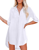 1 x RAW Customer Returns UNibelle Women s Beach Dress Shirt Dress Clothing Beach Shirt Dress V-Neck Skirt Summer Cuffed Sleeve Shirts Tops White, Medium - RRP €29.27