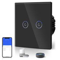 1 x RAW Customer Returns BSEED Smart WiFi Touch Sensor Switch Neutral Line Required Alexa and Google Home Work with Tuya For Office Decoration Crystal Glass Plate Wall Light Switches 2 Compartment 1 Wag Black - RRP €22.08