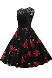 1 x RAW Customer Returns AXOE Women s 50s Rockabilly Dress Sleeveless Elegant Black with Red Rose Flower Pattern F1B, Size 48, 3XL - RRP €35.0