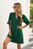 1 x RAW Customer Returns ANFTFH Casual Dresses for Women Ladies Ruffle Sleeve Split V-Neck Straight Fit Plain Slim Dress Dark Green XL - RRP €20.27