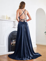 1 x RAW Customer Returns Babyonline DRESS Cocktail Dress Wedding Long Slit Sexy Backless Chic Elegant Gala Dress with Train Navy Blue 40th - RRP €54.68