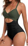 1 x RAW Customer Returns jakloz Swimsuit Women V Neck Lace Up Swimwear Swimsuit Tummy Control Cut Out One Piece Beachwear Swimsuit Green, XL  - RRP €31.98