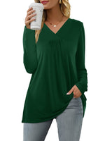 1 x RAW Customer Returns Florboom Women s T-Shirt Short Sleeve Long Sleeve T-Shirt V-Neck Pleated Tunic Top, A-Dark Green, L - RRP €24.0