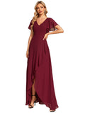 1 x RAW Customer Returns Ever-Pretty Long Bridesmaid Dress with Ruffles with Slit V-Neck Short Sleeves Elegant Burgundy Bridesmaid Dress 52 - RRP €76.99