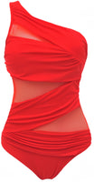 1 x RAW Customer Returns Ocean Plus Women s Figure-Shaping Mesh Asymmetry Swimsuit Plain Mesh High Neck One Piece Plus Size Swimwear Large Sizes 3XL EU 44-46 , Asymmetry Red  - RRP €34.66