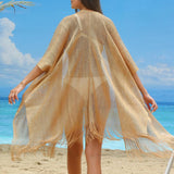 1 x Brand New Ferand Women s Summer Kimono Cardigan Open Front Fringe Beach Cover Up Long Kimono for Bikini Swimwear One Size Light Gold - RRP €19.15