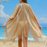 1 x RAW Customer Returns Ferand Women s Summer Kimono Cardigan Open Front Fringe Beach Cover Up Long Kimono for Bikini Swimwear One Size Light Gold - RRP €19.15