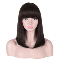 1 x RAW Customer Returns PORSMEER Wig Shoulder Length Straight Straight Wig Bob Dark Brown Medium Length with Bangs for Women Girls Natural Synthetic Hair for Carnival Fancy Dress Halloween Costume Party, 38 cm - RRP €19.99