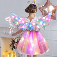 1 x RAW Customer Returns Tacobear Luminous unicorn costume for children with 60 cm colorful feather wings, angel wings, headband, magic wand, LED tutu, tulle skirt, girls for Halloween, carnival, cosplay, birthday, party - RRP €26.63