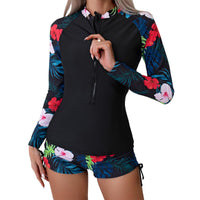 1 x RAW Customer Returns Owntop Women s 2 Piece Rash Guard, Long Sleeve Swimsuits UV UPF 50 Swim Shirt, Zipper Rash Vest, Floral Swimwear with High Waisted Boyshort Bottom for Swimming Surfing, Red XL - RRP €30.24