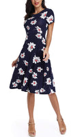 1 x RAW Customer Returns EXCHIC Women s Elegant Casual Round Neck A-Line Short Sleeve Midi Dresses Floral Pattern Round Neck Summer Knee Length Dresses XL, 3  - RRP €32.98