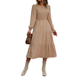 1 x RAW Customer Returns TcIFE Women s Round Neck Long Sleeve Long Dress Smocked Elastic High Waist Maxi Dress Tiered Ruffle A-Line Solid Color Dresses Casual Dresses, Khaki, L - RRP €35.35