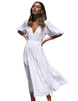 1 x RAW Customer Returns MessBebe Women Casual Dress V Neck Puff Sleeve Solid Color Elegant A Line High Waist Maxi Dress White L - RRP €40.99