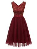 1 x Brand New Meetjen Ball Gowns Short Women Evening Dresses Tulle Sequin Dress V-Neck Cocktail Dress A Line Formal Dress Burgundy 2XL - RRP €55.58