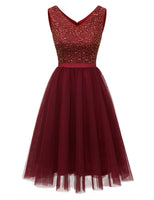 1 x RAW Customer Returns Meetjen Ball Gowns Short Women Evening Dresses Tulle Sequin Dress V-Neck Cocktail Dress A Line Formal Dress Burgundy M - RRP €55.45