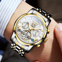 1 x RAW Customer Returns OUPINKE Men s Watch Automatic Luxury Skeleton Mechanism White Dial with Diamonds Tourbillon Day Date Waterproof Luminous Two-tone Stainless Steel Strap - RRP €148.66