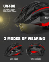 1 x RAW Customer Returns VICTGOAL bicycle helmet MTB mountain bike helmet with magnetic visor, removable sun protection cap and LED rear light, cycling helmet, road bike helmet for adults, men and women M 54-58cm, black red  - RRP €48.99