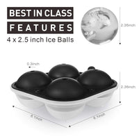 5 x Brand New Adoric ice cube mold silicone, ice cube container with lid for 4 round 6.35 cm ice ball mold for cocktail and scotch, large ice ball mold for beer, whiskey, juices, sweets, black - RRP €30.2