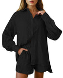 1 x RAW Customer Returns Viottiset Women s 2 Piece Outfit Set Long Sleeve Buttons Top Shorts Drawstring Casual Loungewear Pajamas Black M - RRP €41.99