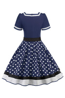 1 x RAW Customer Returns Babyonlinedress Chic Jointiv Women s Evening Dress with Belt Vintage Retro 50s Pin-up Rockabilly Swing Dotted, Dark Navy Blue, X-Large - RRP €46.16