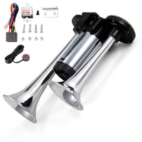 1 x RAW Customer Returns 12V Truck Horn Air Horn, Super Loud Double Tube Air Horn Electric Car Air Horn Kit for All Vehicles Trucks L rries Trains Boats Cars Vans Motorcycle, Chrome Zinc Silver - RRP €44.36