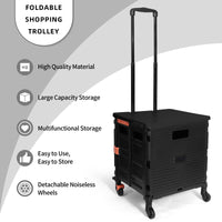 1 x RAW Customer Returns Foldable shopping trolley, plastic foldable shopping cart, transport trolley, up to 50 kg, shopping basket with lid, extendable aluminum pull-out handle, with universal mute 8 wheels, black - RRP €60.49