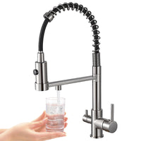 1 x RAW Customer Returns Kitchen Faucet with Water Purifier Filter Tap, 3 Way Arc Mixer Tap, Pull Down Sprayer 2 Handles Brushed Nickel  - RRP €99.99