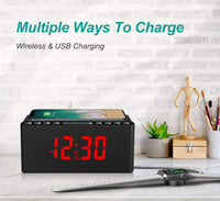 1 x RAW Customer Returns ANJANK Digital Bedside Alarm Clock with FM Radio, Wireless Fast Charging Station for iPhone Samsung, Adjustable LED Display, USB Charging Port, Modern Wooden Bedroom Clock - RRP €45.99