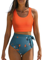 1 x RAW Customer Returns Dokotoo Bikini Women Set High Waist Tummy Control Swimwear Floral Print Two Piece Swimsuit Side Tie Swimsuit, Orange, XL - RRP €37.3